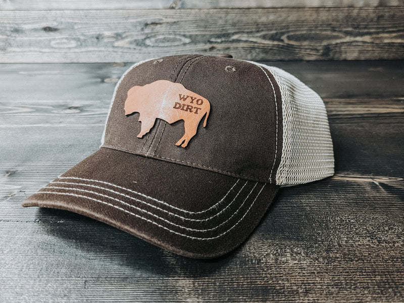 Bison Cutout: Leather Patch Trucker Hat - Wyo Dirt Customs