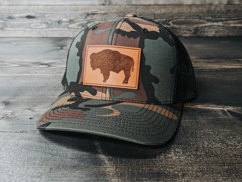 Wyo State Flag: Leather Patch Trucker Hat - Wyo Dirt Customs