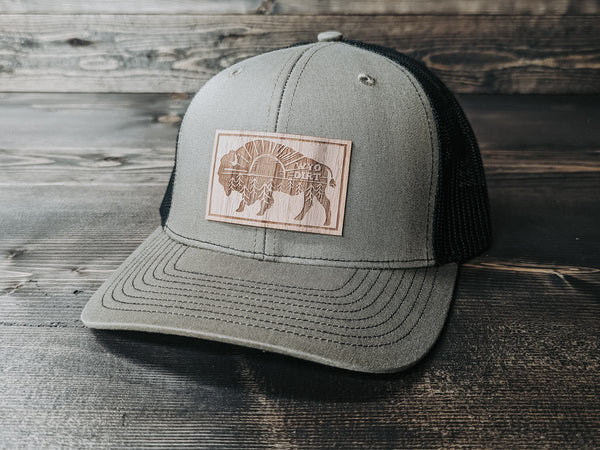 Wood Outdoorsy Bison: Wood Patch Trucker Hat- Wyo Dirt Customs