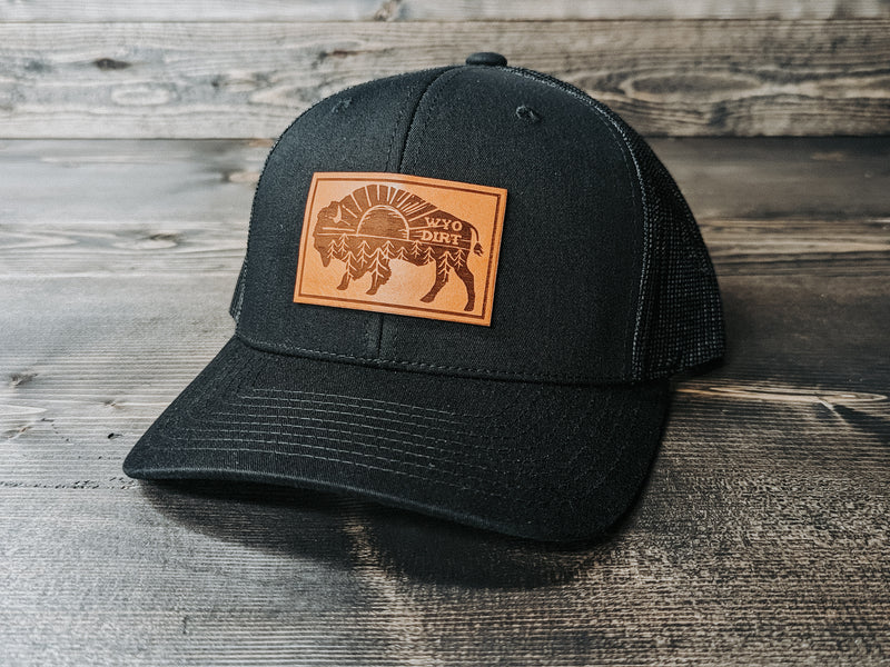 Outdoorsy Bison: Leather Patch Trucker Hat- Wyo Dirt Customs