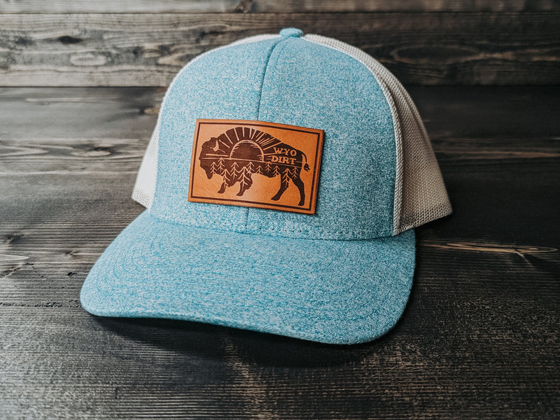 Outdoorsy Bison: Leather Patch Trucker Hat- Wyo Dirt Customs
