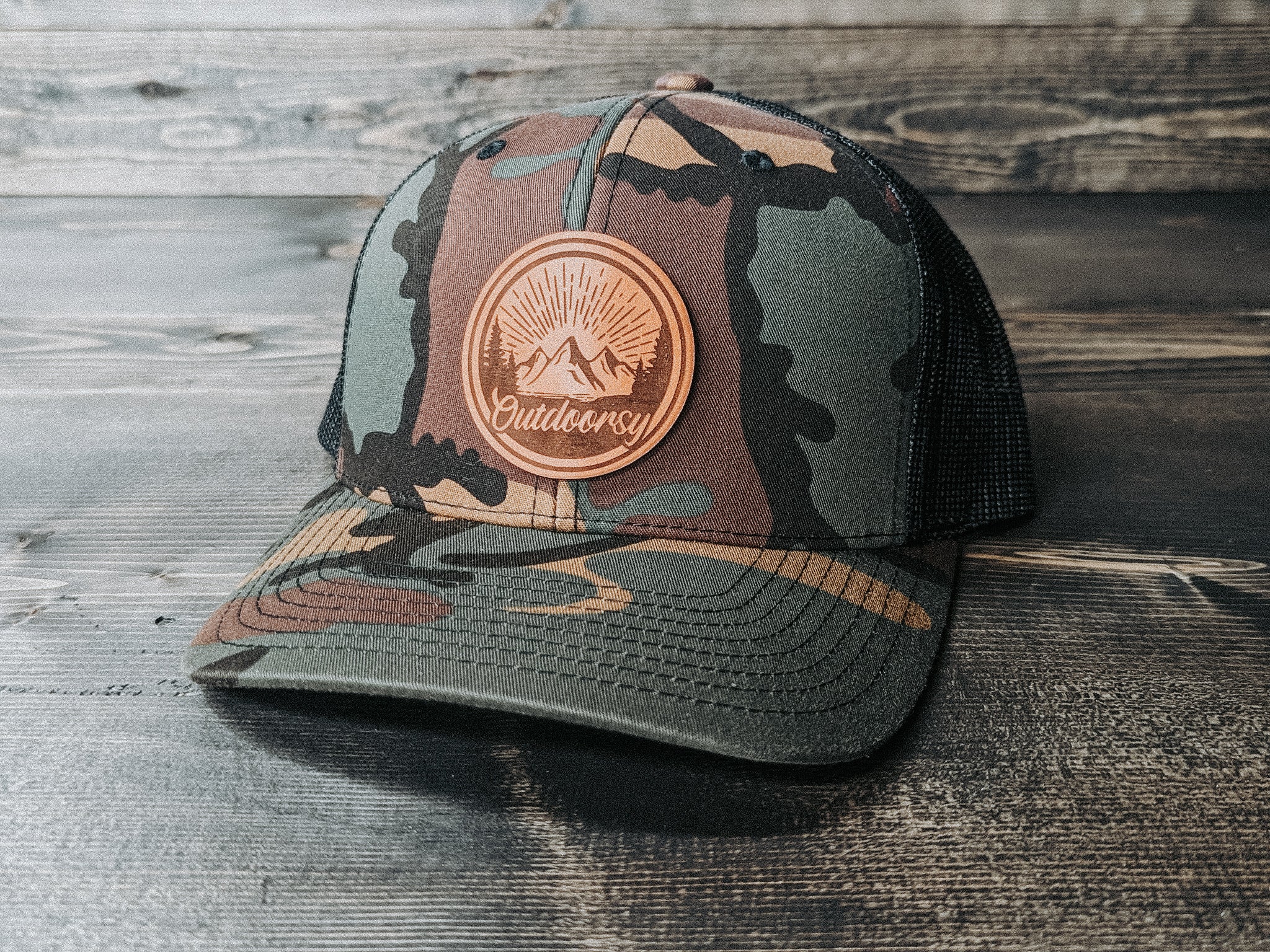 Pine Fly Leather Patch Hats - Wyo Dirt Customs Camo/Black