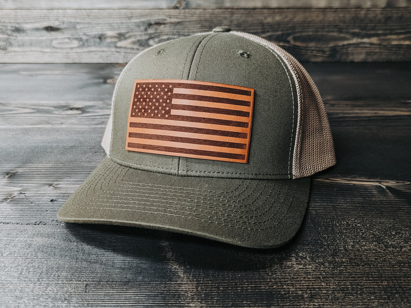 American Flag: Leather Patch Trucker Hat - Wyo Dirt Customs