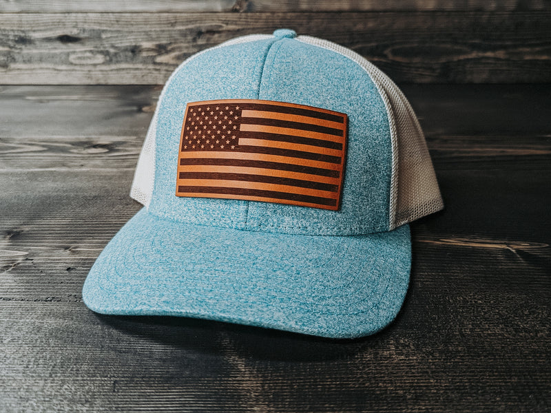 American Flag: Leather Patch Trucker Hat - Wyo Dirt Customs