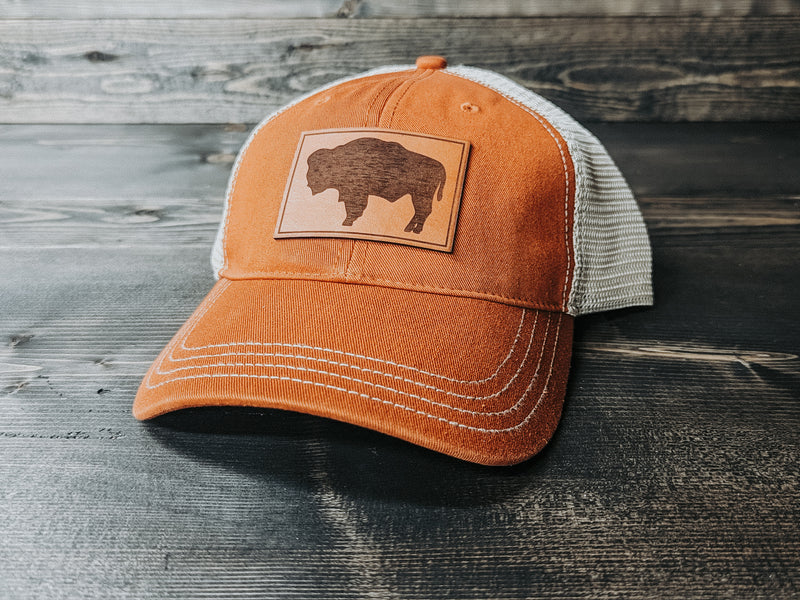 Wyo State Flag: Leather Patch Trucker Hat - Wyo Dirt Customs