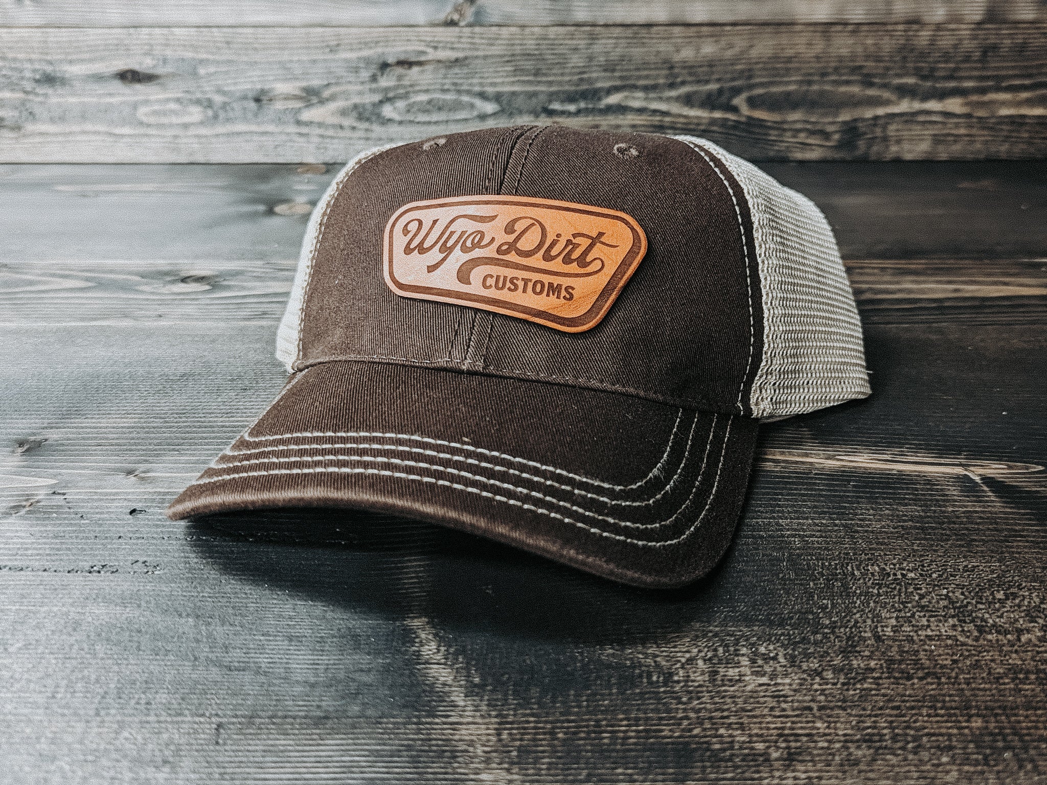 Trucker Hat Leather Patch: Outdoorsy Bison - Wyo Dirt Customs Heather Grey/Black