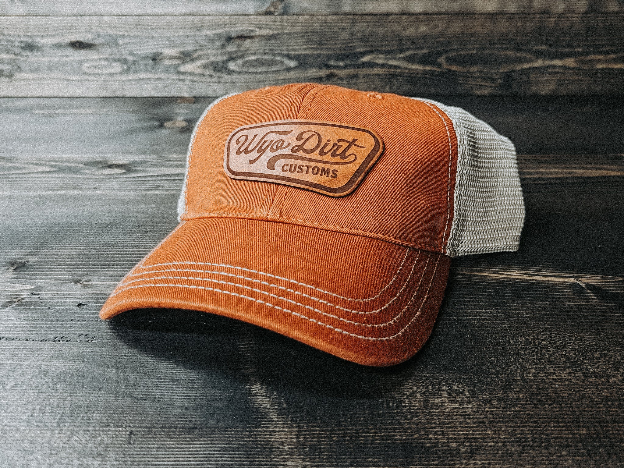 Trucker Hat Leather Patch: Outdoorsy Bison - Wyo Dirt Customs Heather Grey/Black