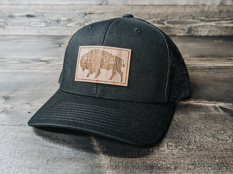 Wood Outdoorsy Bison: Wood Patch Trucker Hat- Wyo Dirt Customs