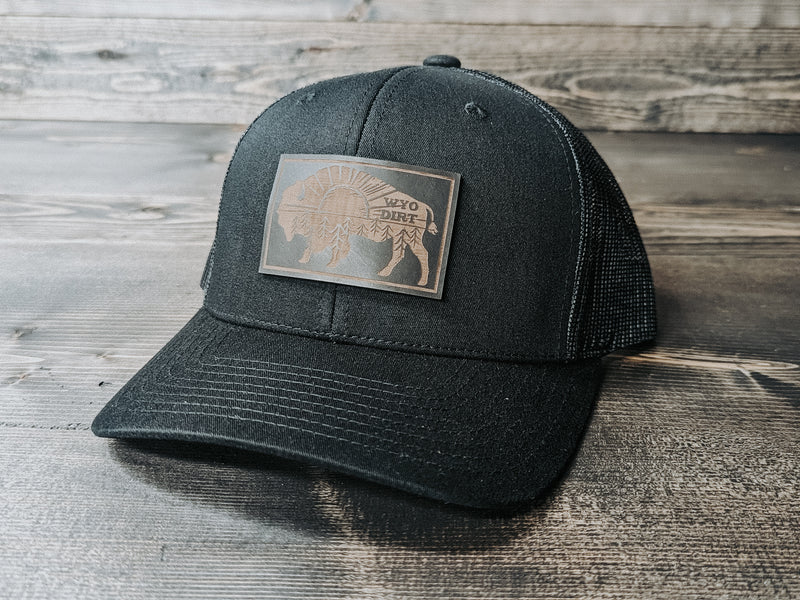 Black Leather Outdoorsy Bison: Leather Patch Trucker Hat- Wyo Dirt Customs
