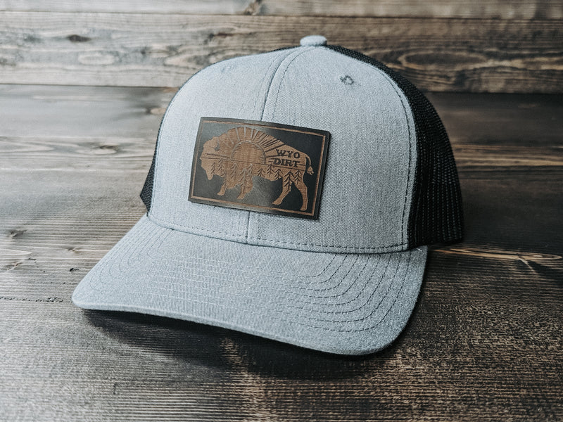 Black Leather Outdoorsy Bison: Leather Patch Trucker Hat- Wyo Dirt Customs